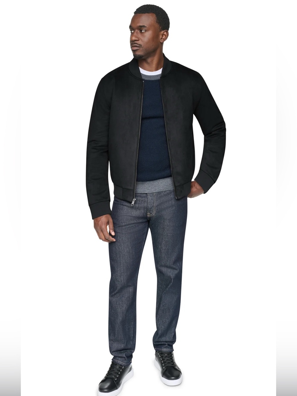 NWT DKNY Men’s Faux Suede Bomber Jacket, black, size Large